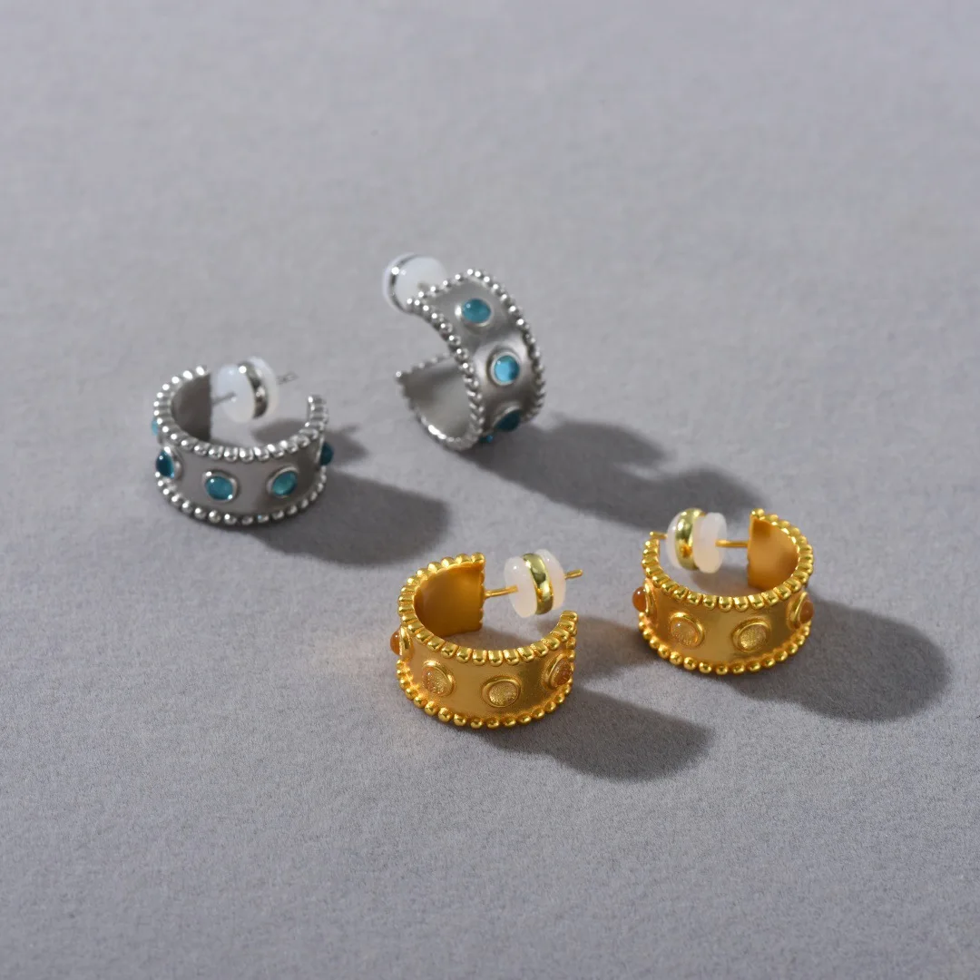 

Vintage C-Shaped Earrings for Women,Elegant Open Earrings with Glass Bead 925 Silver needle