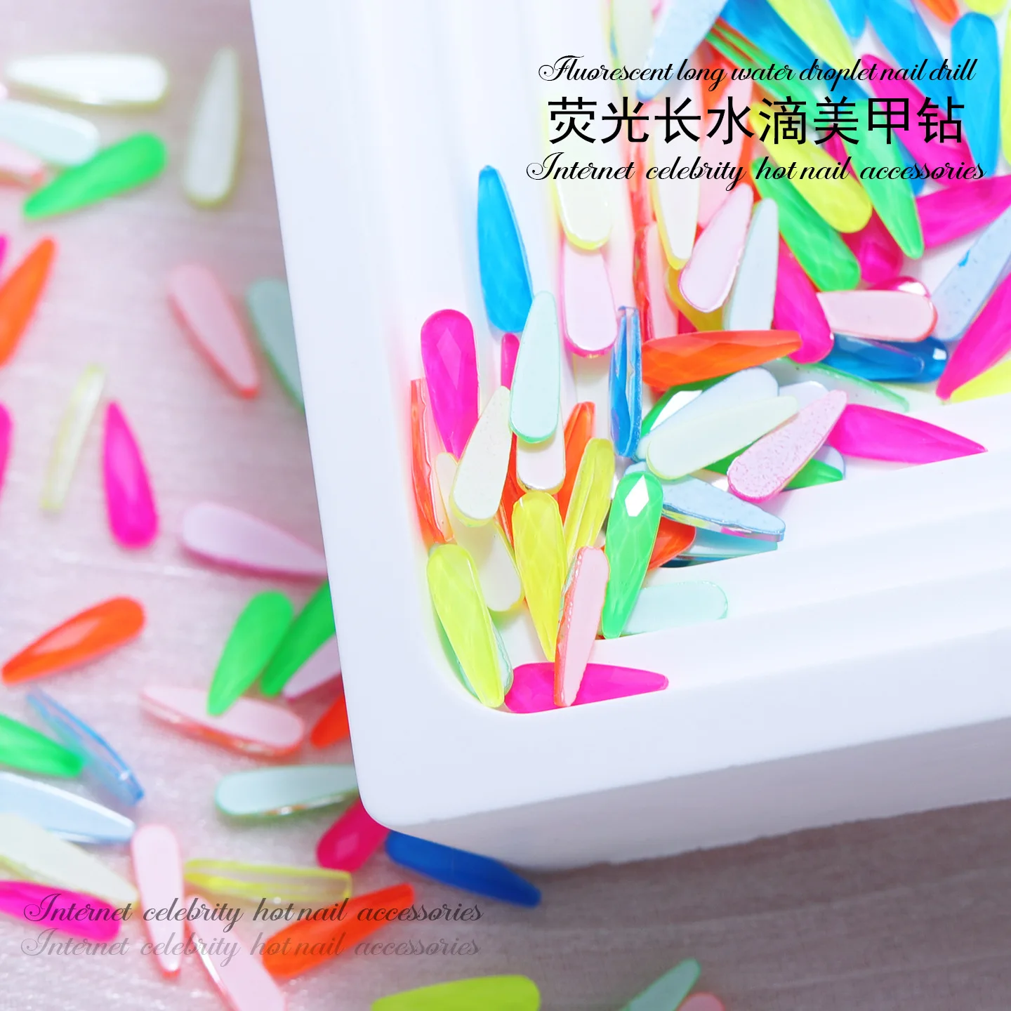 100PCS Fluorescent Color Long Droplet Shape Flatback Nail Art Rhinestone Accessories For Nails Decoration Manicure Supplies
