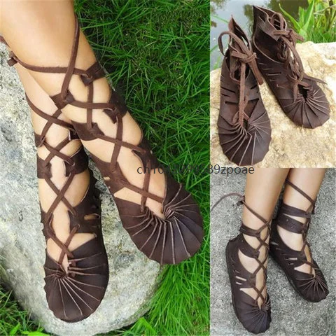 New Halloween Medieval Vintage Hollow Shoes For Women Black Brown Viking Shoe Witch Elf Cosplay Lace Up Flat Sandals Costume