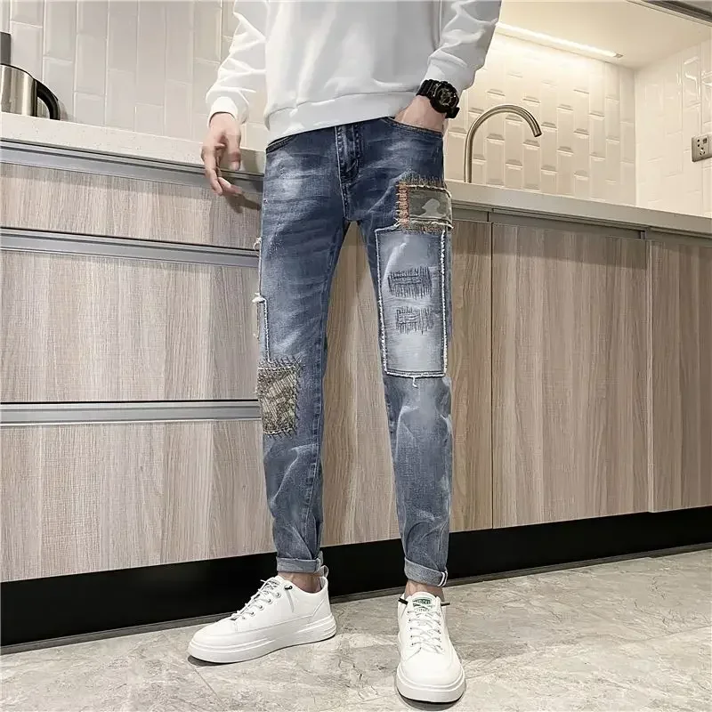 

Trousers Spliced Jeans for Men Cropped Slim Fit Male Cowboy Pants Skinny Tight Pipe Harem Stylish New in High Quality Summer Xs