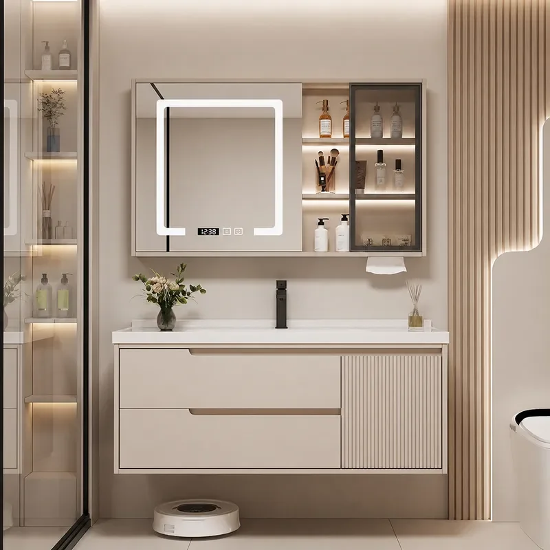 Wall Mounted Oak Solid Wood Bathroom Cabinet with Ceramic Integrated Basin Multi Layer Storage Vanity Unit for Toilet and