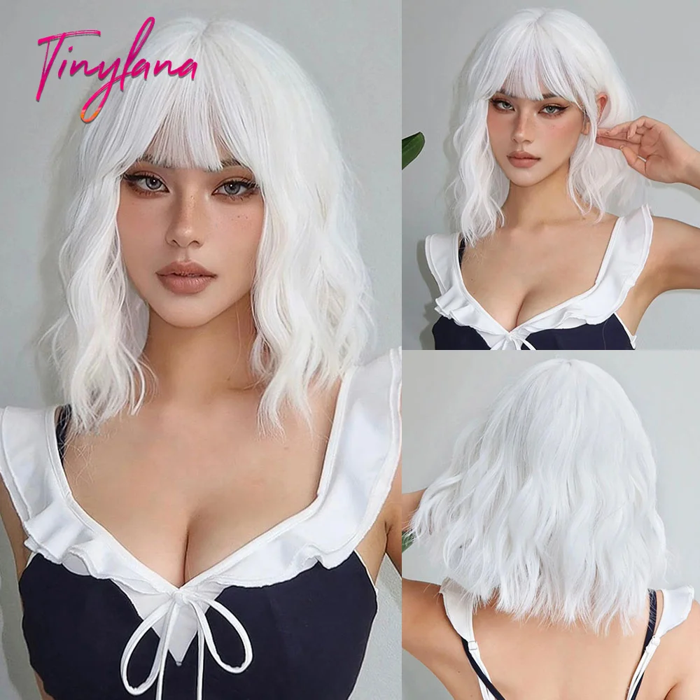 Curly Bob White Platinum Synthetic Wigs with Bangs for Women Short Cosplay Lolita Wavy Wig Natural Hair Heat Reisitant Daily Use