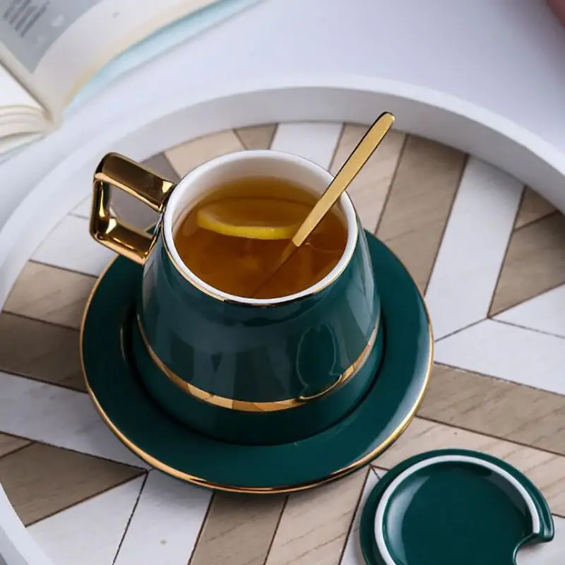 Trim Green Porcelain Coffee Cups with Saucer, Lid, Mixing Spoon, for Drinks, Latte, Cafe Mocha Cappuccino and Tea - 450ml, ча