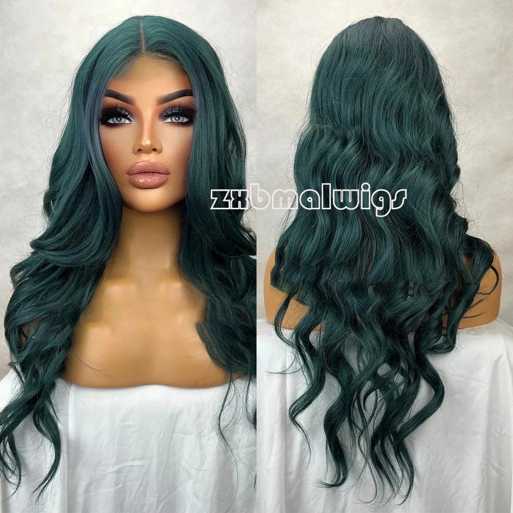 

ZXBMALWIGS Dark Green Cosplay Synthetic Hair 13X4 Lace Front Wigs Body Wave Heat Fiber Long Wavy Wig for Women Party Wear