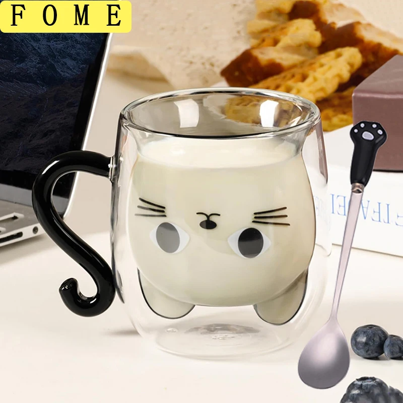 

1/2pcs Cartoon Cat Double Wall Glass Cup With Spoon Heat-resistant Coffee Milk Handle Mug Cute Espresso Cup For Latte Cappuccino