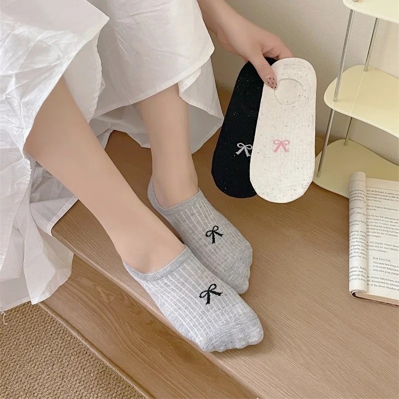 Dotted Yarn Bow Low Cut Cotton Shoe Insoles Women Summer Thin Simple Non Slip Hidden Heel Foot Liners