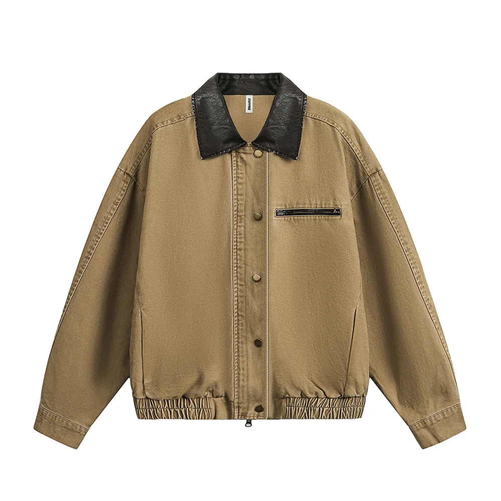 

Retro washed distressed denim short jacket Spring and autumn men's punk stitching contrast color PU leather lapel jacket