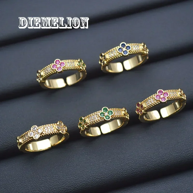 Lucky Colorful Zircon Four Leaf Clover Finger Rings Elegant Ladies Creative Accessories Fashion Jewelry Romantic Gifts