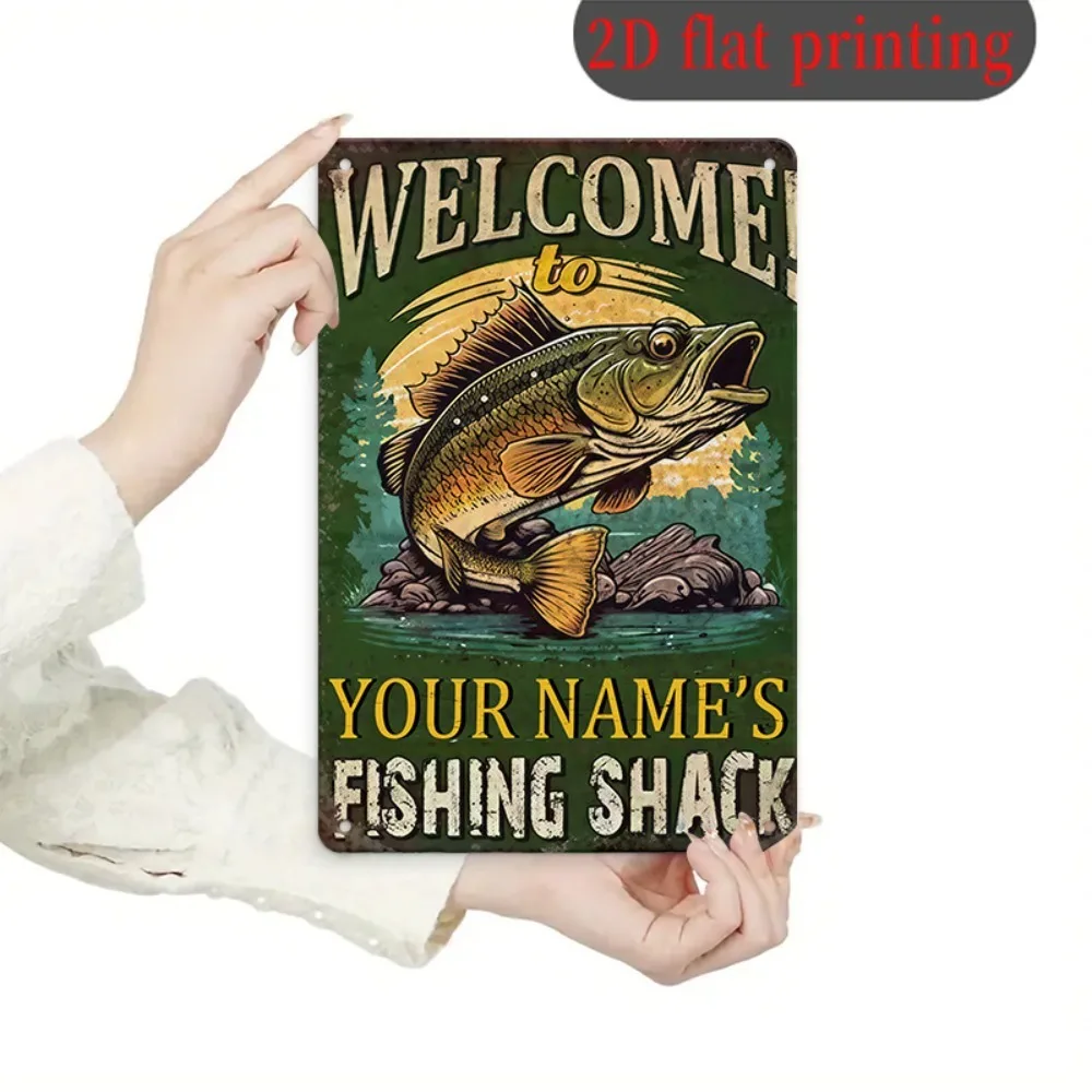 [2D Flat] 1pc Custom Name Fishing Shack Metal Sign Vintage Bass Fish Lake Cabin Outdoor Wall Decor (Only For Decoration)