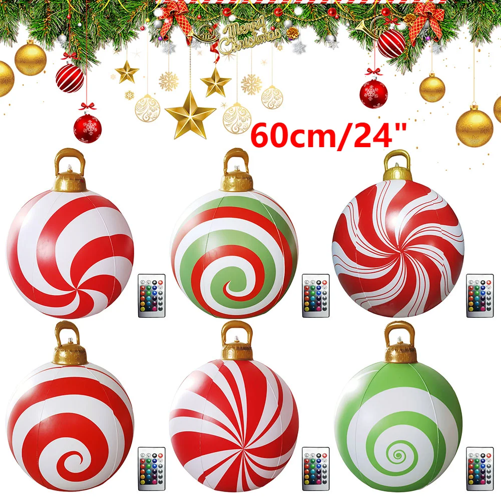 60CM PVC Inflatable Christmas Ball Giant Inflatable Christmas Balls with RGB Light W/ Remote Christmas Decorations Ball Sets