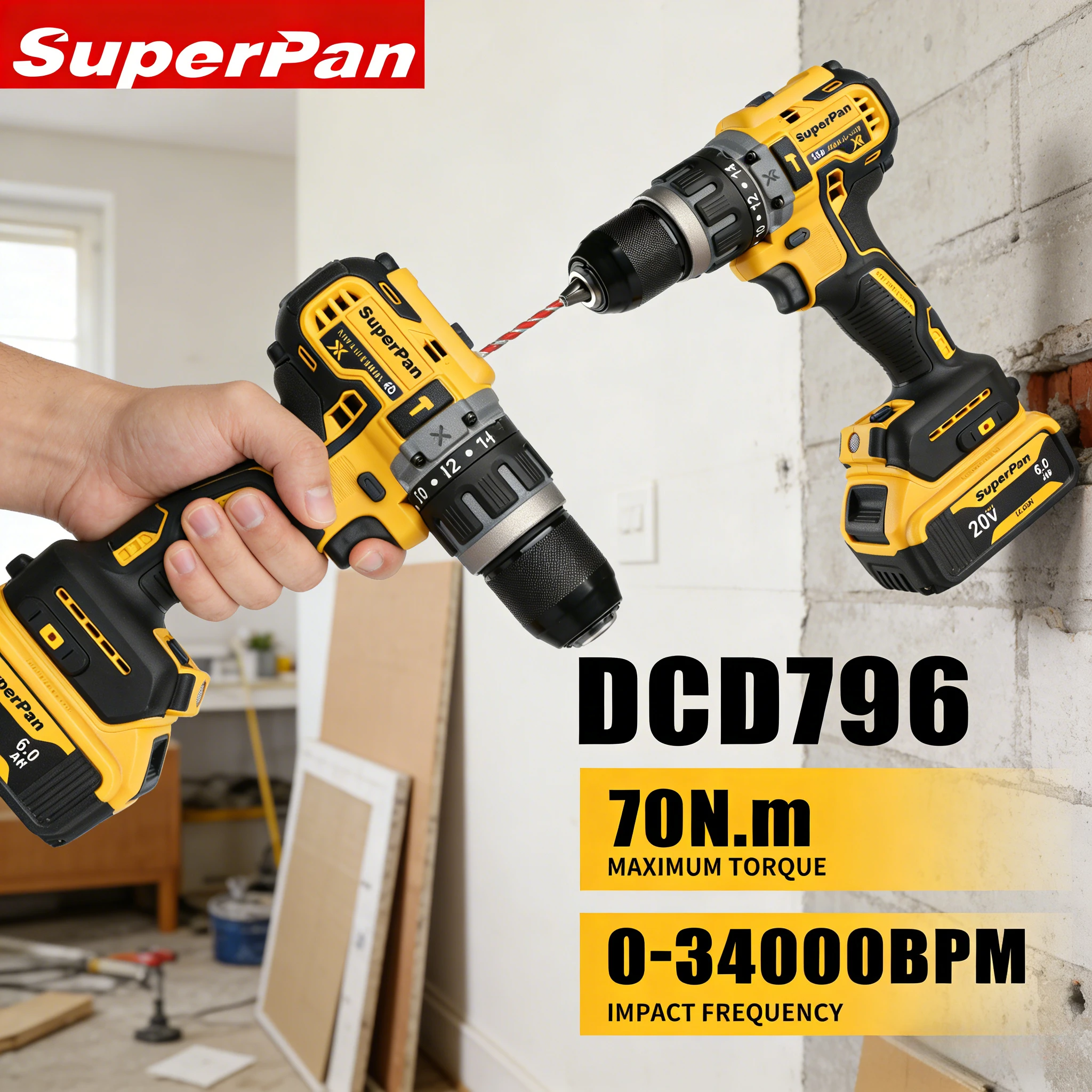 

Аккумуляторный шуруповерт SuperPan Electric Twist DCD796 70Нм 0-2200 об/мин для установки ограждений на открытом воздухе, совместимый с аккумуляторами Dewalt 20В