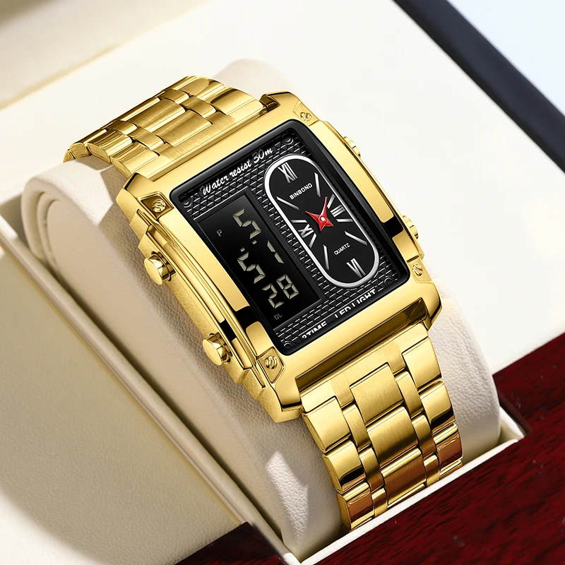 BINBOND Top Brand Luxury Watches for Men Fashion Quartz Wristwatch Square Gold Stainless Steel Business Clock Relogio Masculino