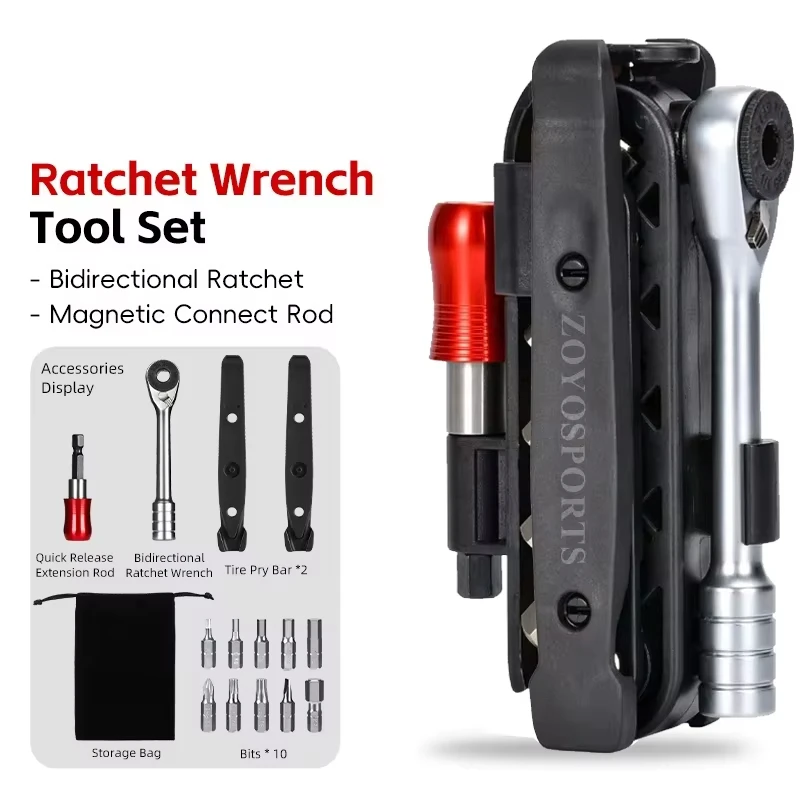 Multi Function Bike Ratchet Wrench Repair Set With Tire Levers Bits Extension Rod Portable Cycling Maintenance Hand Tools