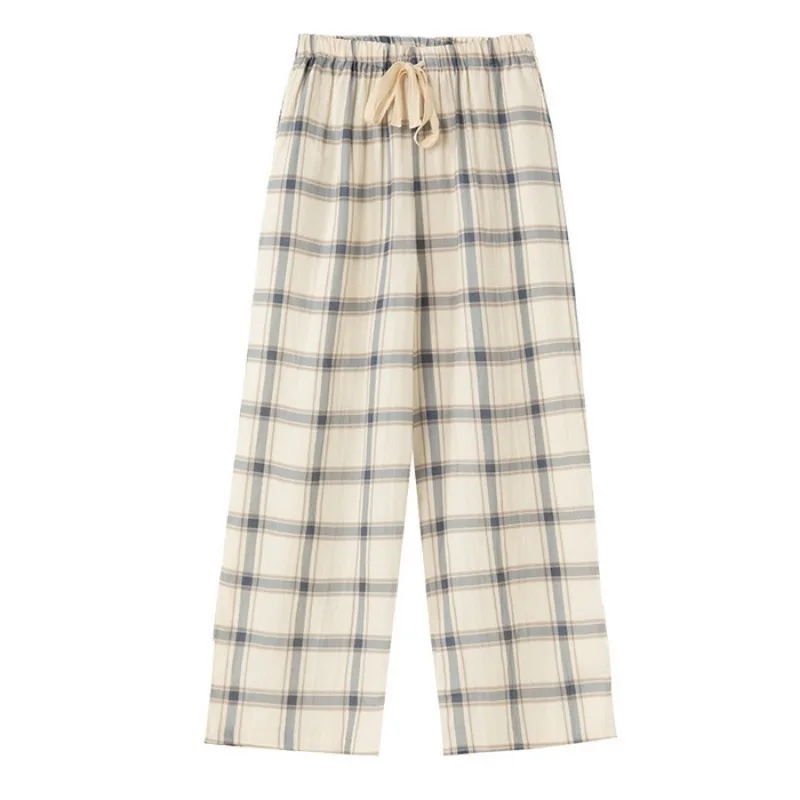 2026 New Couple Double-layer Yarn Sleeping Cotton Pure Cotton Loungewear Pajamas Men's and Women's Plaid Casual Trousers