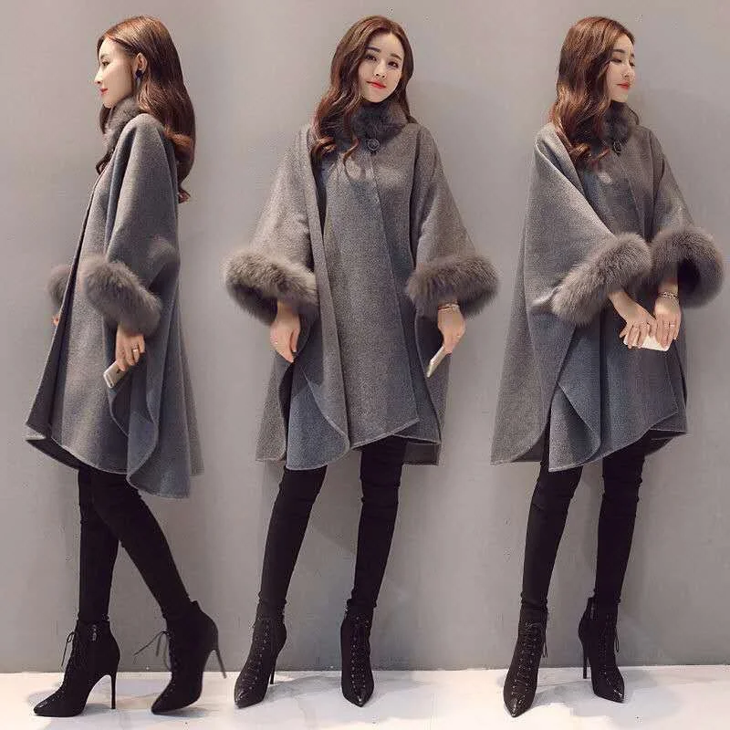 2024 Herfst Winter Nieuwe Mode Vrouwen Lange Imitatie Vos Bontkraag Wollen Jas Cape Cape Hepburn Stijl Wollen Plus-size Top