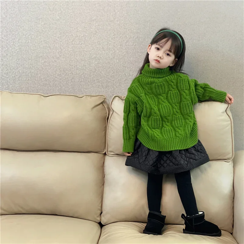 Girls Sweater Wool Coat Kids Tops Knitting 2024 Green Thicken Warm Winter Autumn Toddler Cottons Children's Clothing