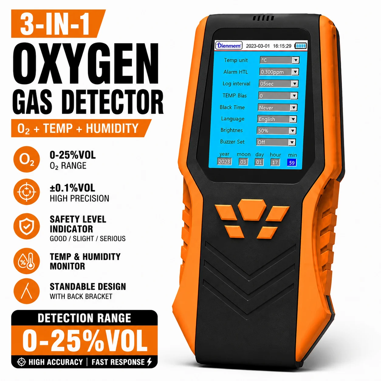Portable Handheld O2 Detector, 0-30%Vol Oxygen Gas Monitor with 1.5s Fast Response, Temp & Humidity Tester, 14H Long Working