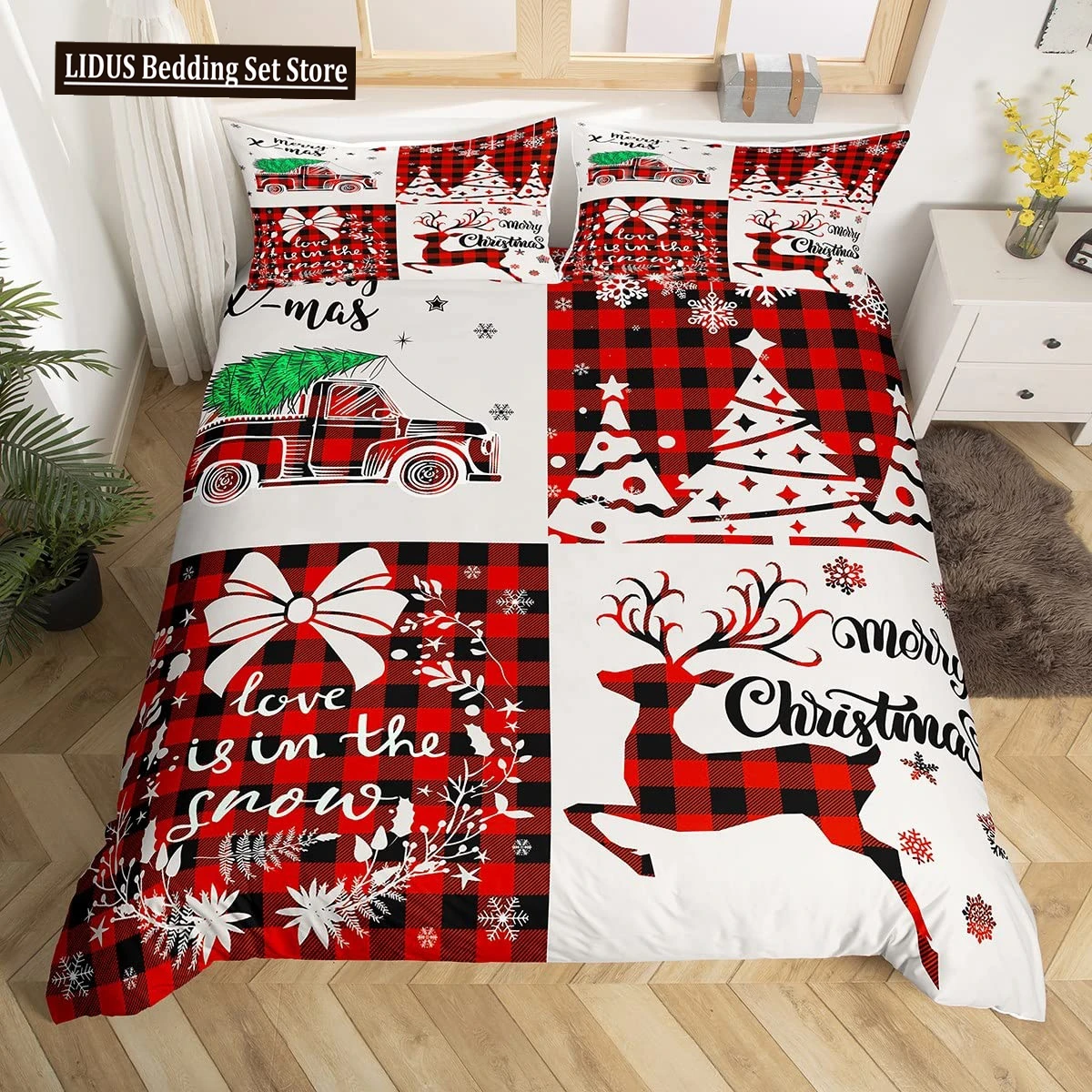 

Merry Christmas Duvet Cover Set,Red Buffalo Checked Rustic Truck Comforter Cover,Plaid Xmas Tree Elk Deer Snowflake Bedding Sets