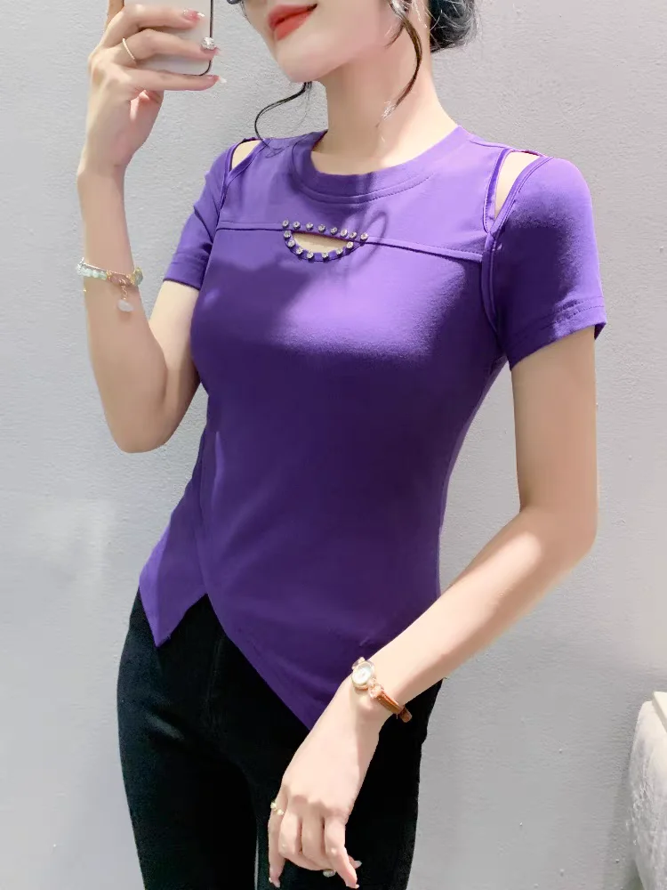 

Summer Cotton Tshirt Women Short Sleeve O Neck Beading Hollow Out Tee Shirts Lady Stretchy Irregular Hem T-shirts Tops