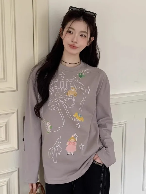 

MNANA Новая женская хлопковая футболка оверсайз с длинным рукавом и бантом, повседневный уличный стиль, весна-лето