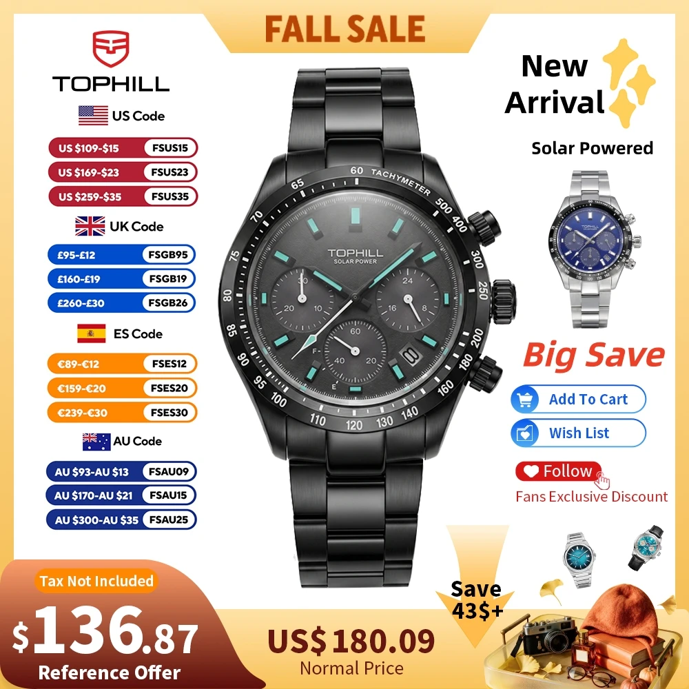 TOPHILL 42mm VR42B Solar-Powered Chronograph Quartz Watch For Men 4.5H Date Window Sapphire C3 Green Luminous 5Bar TL029G