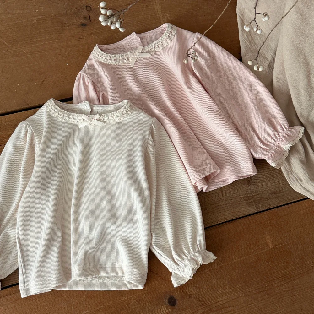 2026 Autumn New Baby Girl Long Sleeve T Shirts Cotton Girls Bow Lace Collar Bottoming Shirts Infant Solid Tops Toddler Clothes
