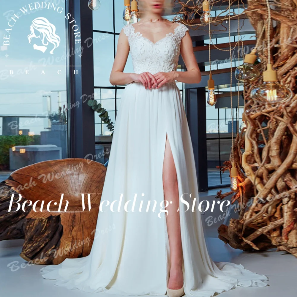 

Beach Customized A Line Chiffon High Slit Wedding Dress Sleeveless Applique For Women Vistidos De Festa De Casamento Made Bridal