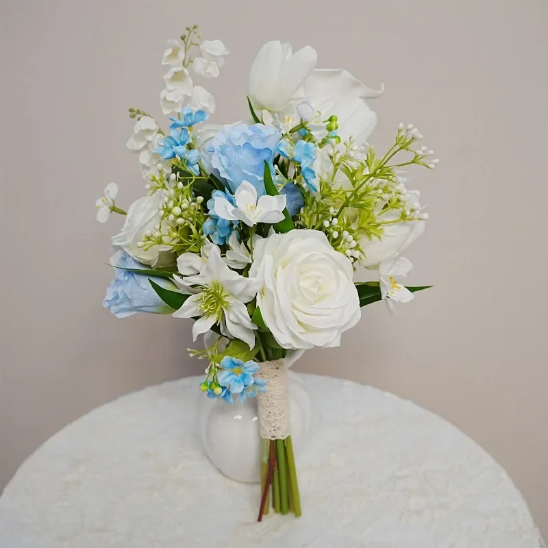 Korean ins small fresh blue and white roses wedding certificate photo wedding bride bouquet simulation bouquet