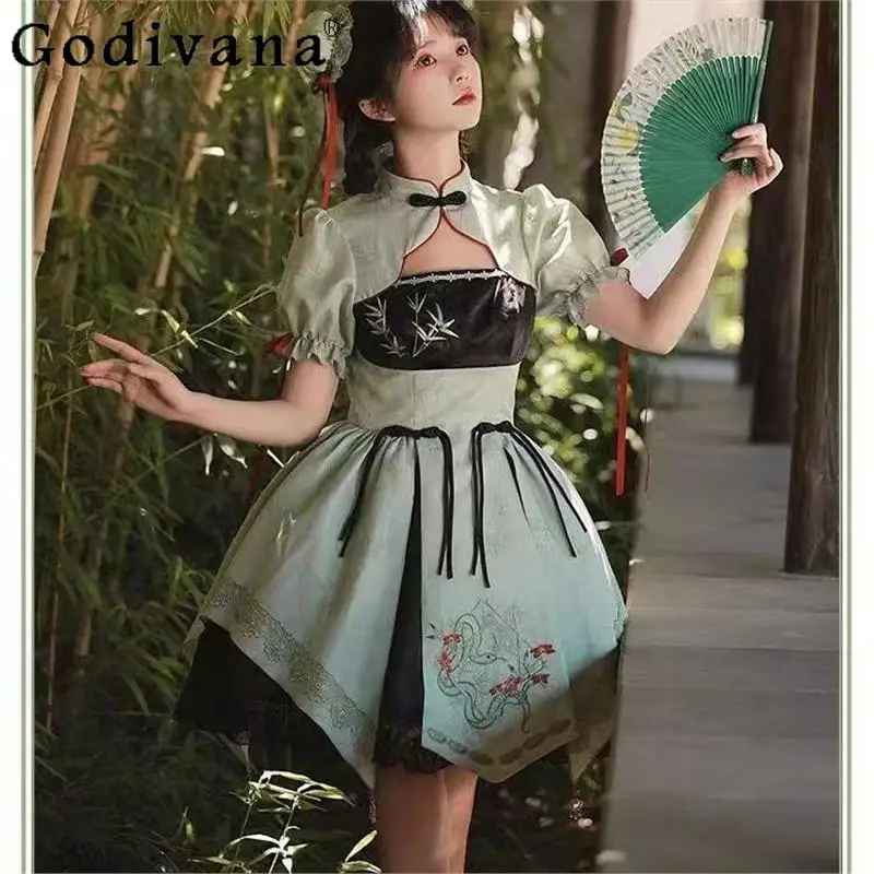 

Chinese Style Element Lolita Dress Set Women Embroidery Cos Ancient Style Dress Girls Summer Short Sleeve New Cosplay Dress