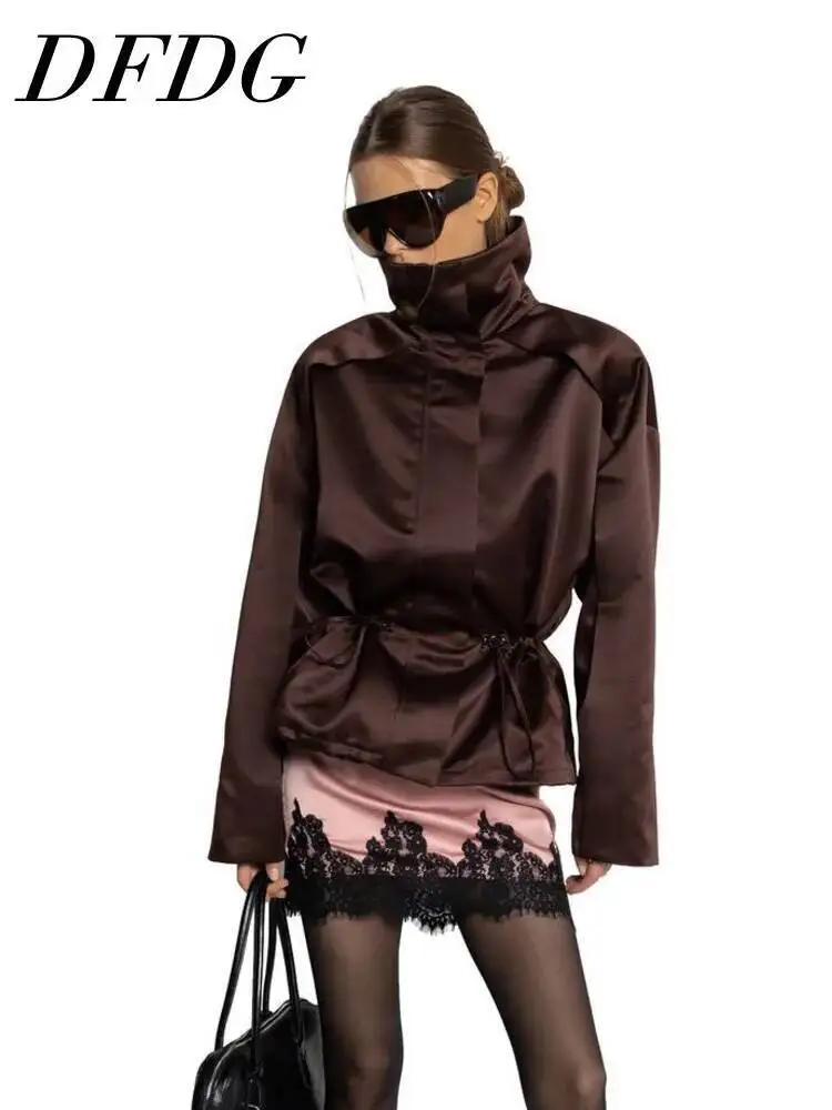 DFDG Women 2026 Spring Summer Satin Drawstring Jacket High Neck Long Sleeve Cinched Waist Loose Fit Elegant Casual Outerwear