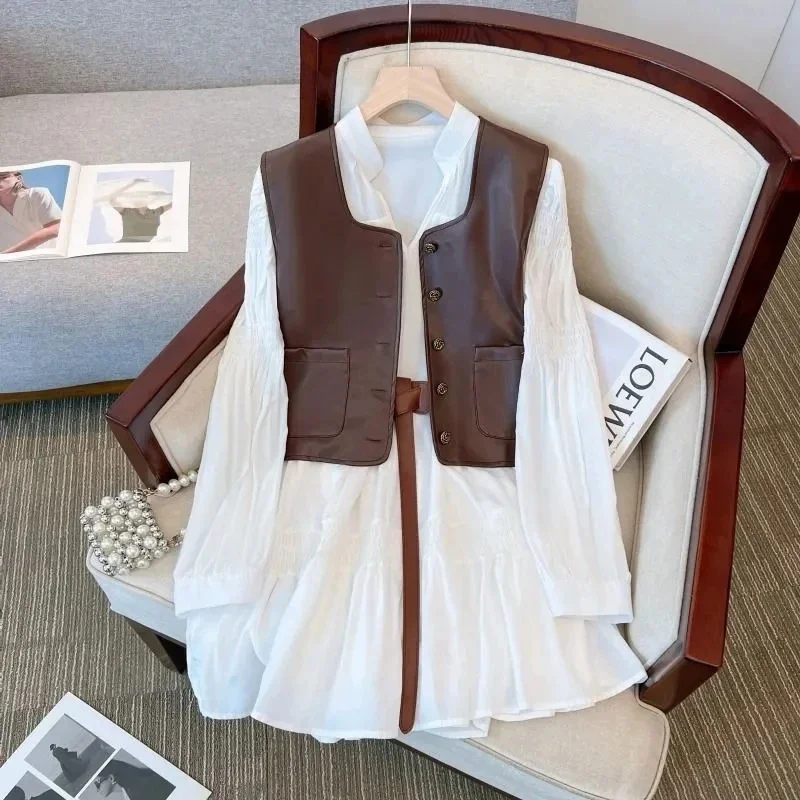 

2025 New| Vintage White Shirt Dress Women's Clothing Spring Autumn A-line Fashion PU Leather Vest Two-piece Set Female