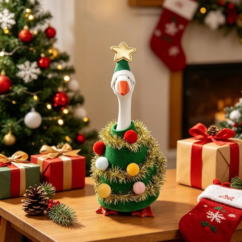 Fabric Goose Statue Christmas Tree Shaped With Hat Pet Clothes Red And White Striped Scarf 7-Inch Holiday Decoration Yard