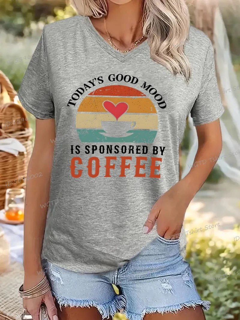 Dames Love Coffee Grafisch T-shirt Casual V-hals T-shirt met korte mouwen Cadeau voor koffieliefhebber Vintage T-shirts Zomer Klassieke tops