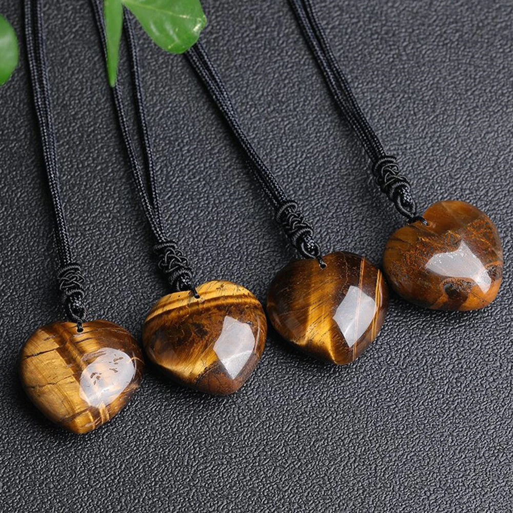 Natural Tiger Eye Stone Heart Shaped Pendant Reiki Healing Crystals Gemstones Amulet Charms Necklace Jewelry