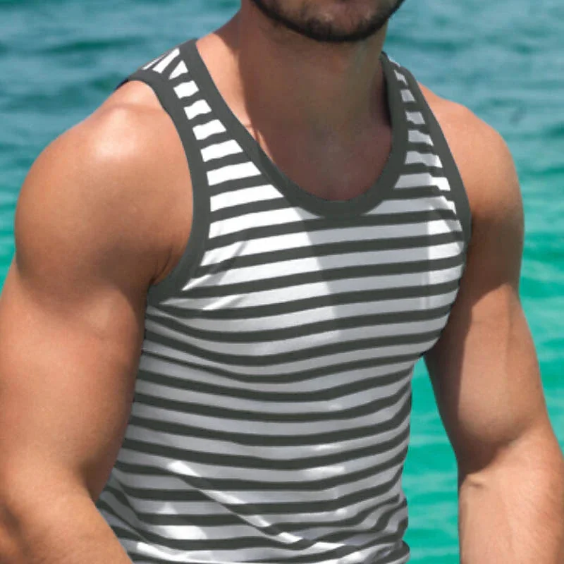 New Summer Men\'s Casual Blue and White Striped Thin Sleeveless Sports Vest Trendy Brand Versatile Repair Very Base Shirt