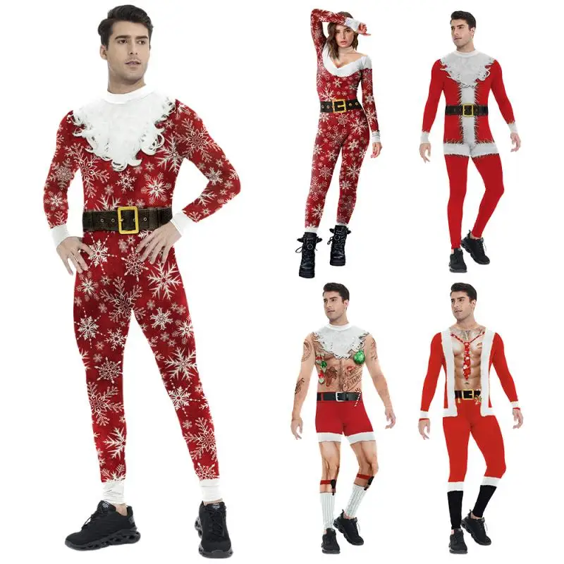 

Christmas Cosplay Couple Bodysuit Santa Claus Jumpsuit Costume Snowflakes 3D Printed Outfit Xmas Party Suit Unisex Clothes