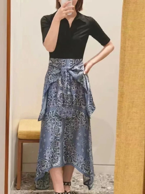 T-shirt col Ele tissu pailleté asymétrique Dr printemps été minceur efficace deux pièces Look ort Sve...