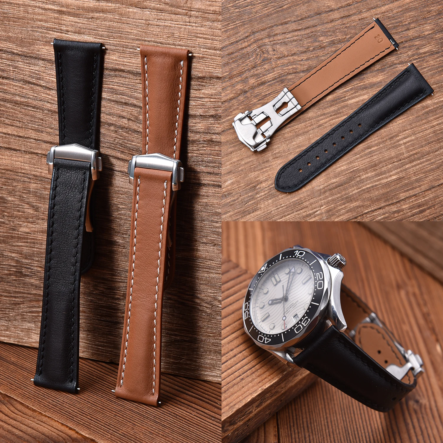 Vintage Leather Watch straps Calfskin Replace Wristband 20mm 22mm Quick Release Watch Band for Omega Business Butterfly Buckle
