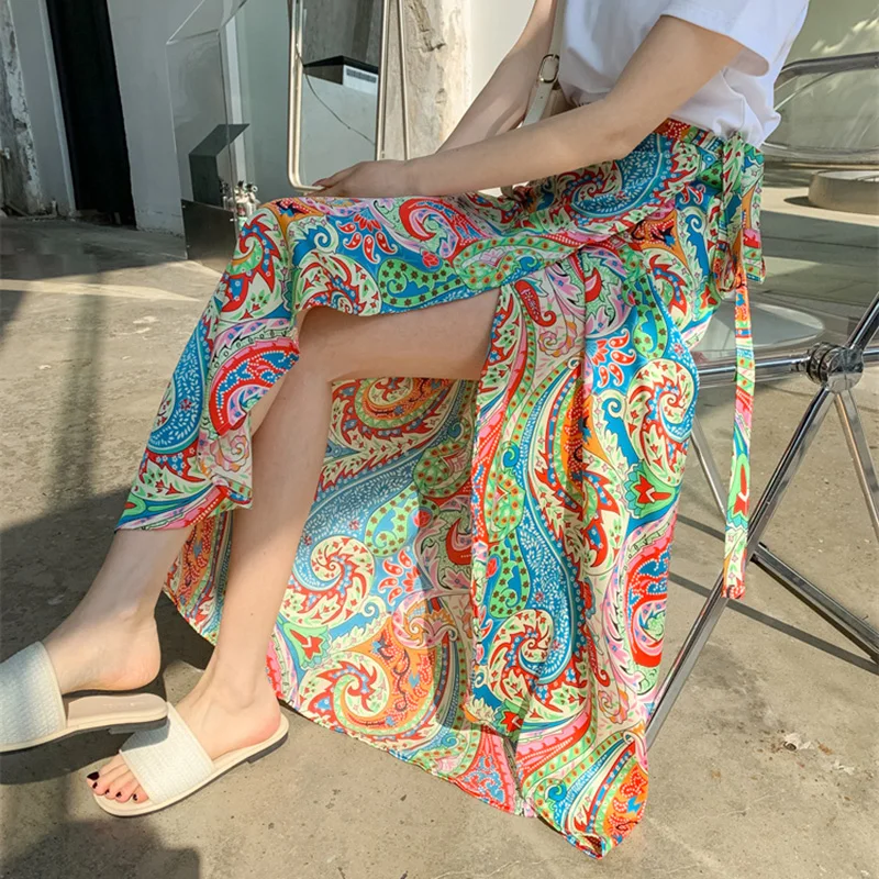 New Women Summer One-piece type Beach Skirt Fashion Irregular Design Print Lace-up Dress Bohemian Holiday Multi Purpose Dress