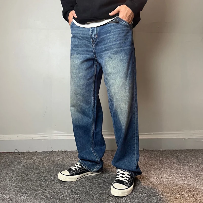 

retro draping jeans men's loose straight tube brand casual spring and autumn micro-silhouette pants