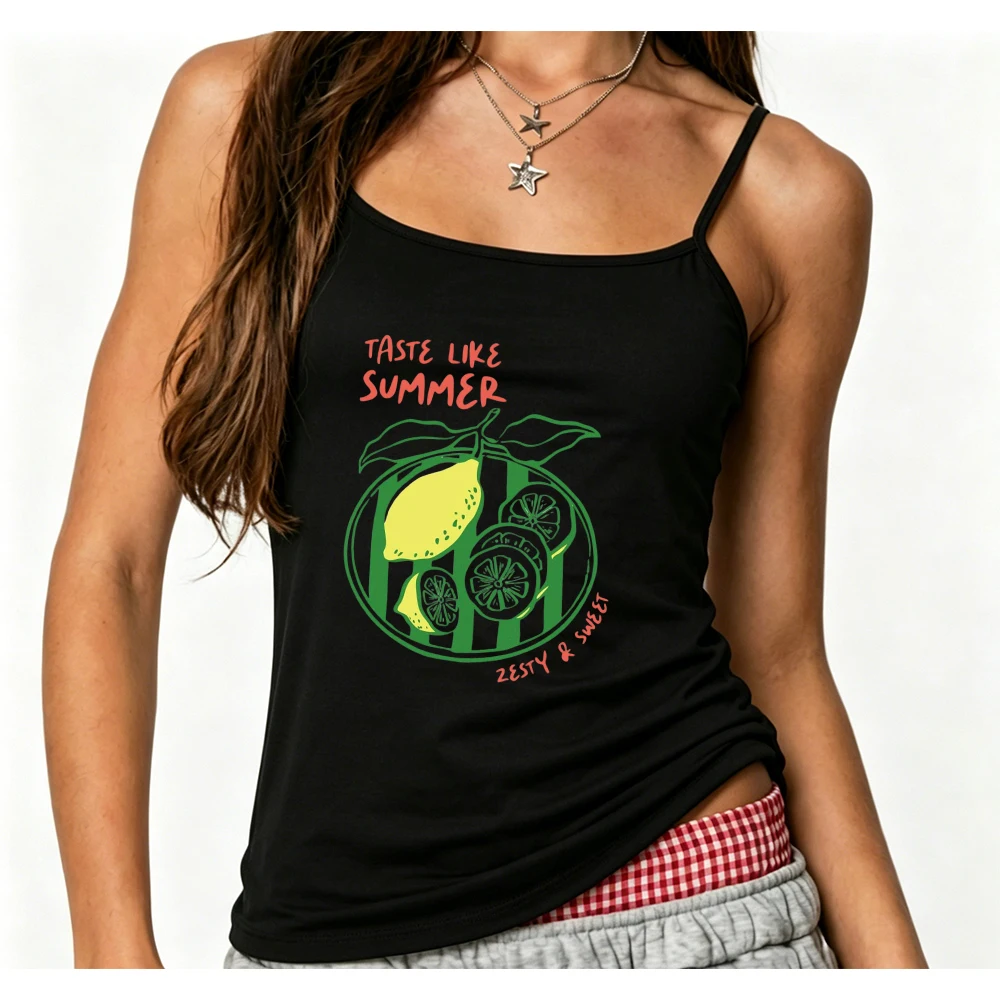 Summer Cute Lemon Camisole Women Taste Like Summer Graphic Tank Top Sleeveless Vest Casual Beach Holiday Travel Outfit Simple