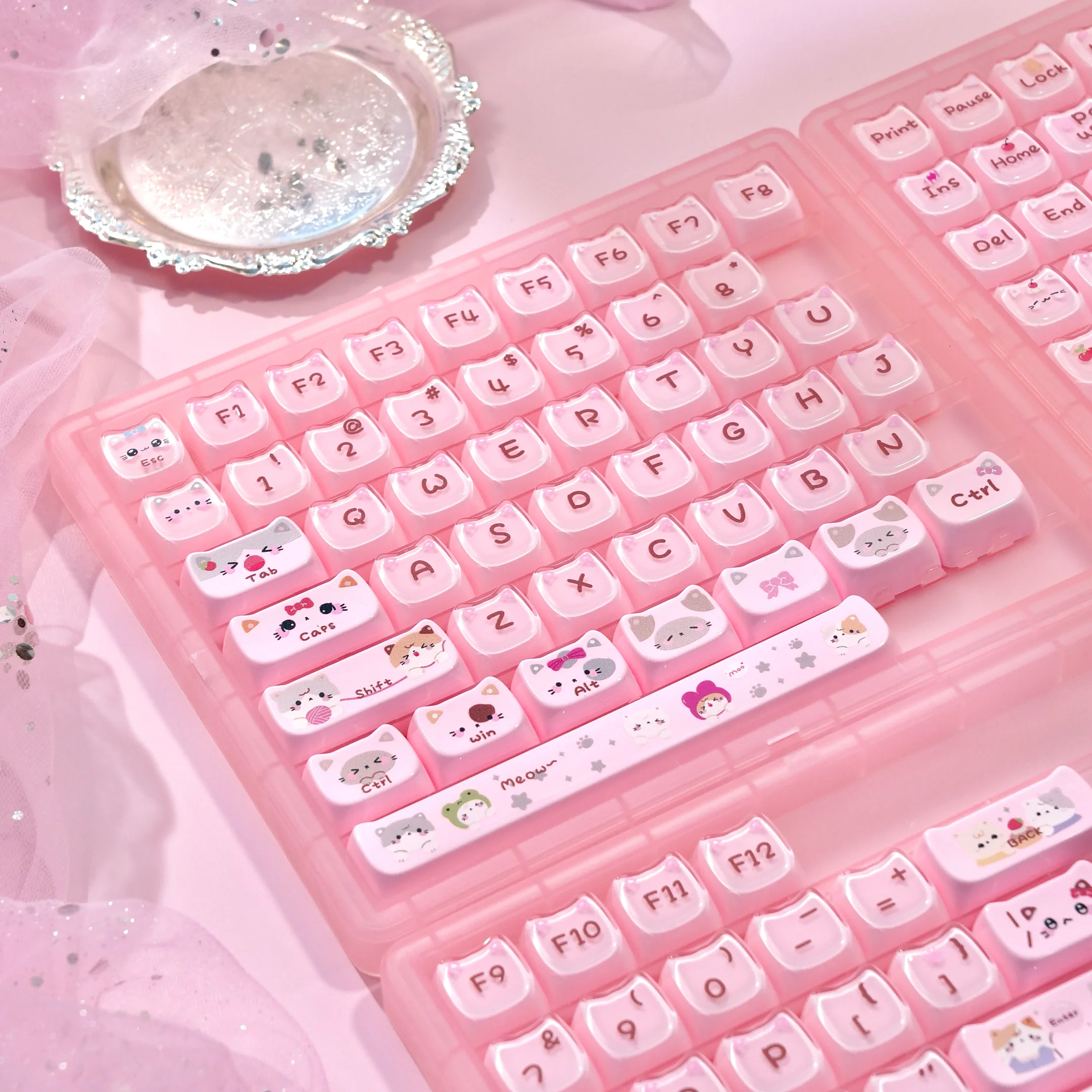 Cute Cat JellyTransparent Keycaps 130+ Keys PBT MAO Profile Keycap Cute PBT Sublimation for ANSI Aula Made68 Mad68 Wooting60