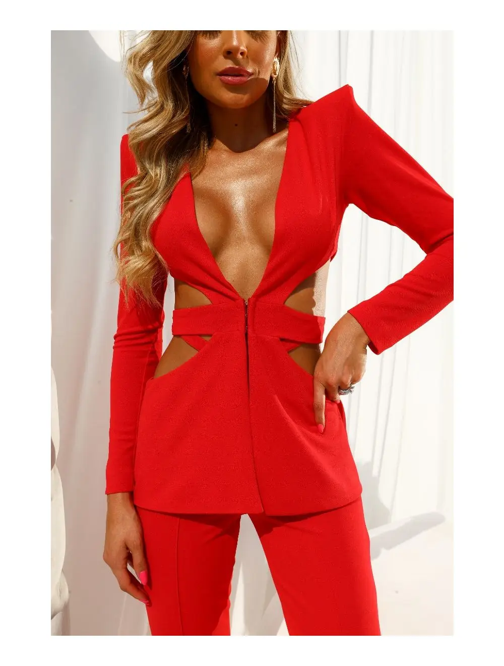 New Winter Hot Sexy Hollow Out Deep V-Neck Red Suit Coat And Pants 2 Piece Fashion Woman Weekend Party Vesitido Club Outfit