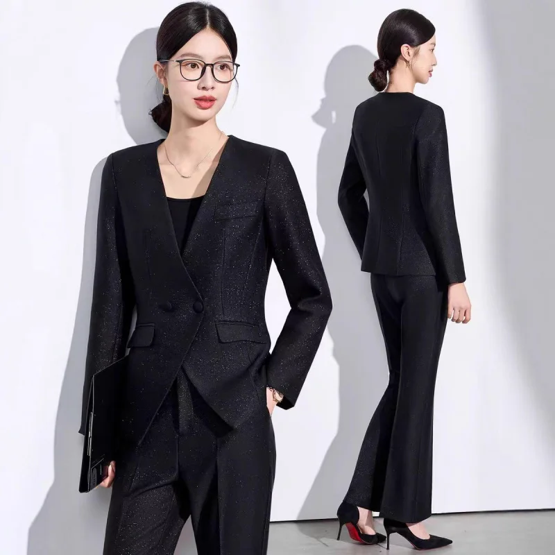 

Женский костюм без воротника для весны и осени, новый стиль для сотрудников медицинских салонов красоты и управляющих ювелирными магазинами, элегантный и профессиональный.