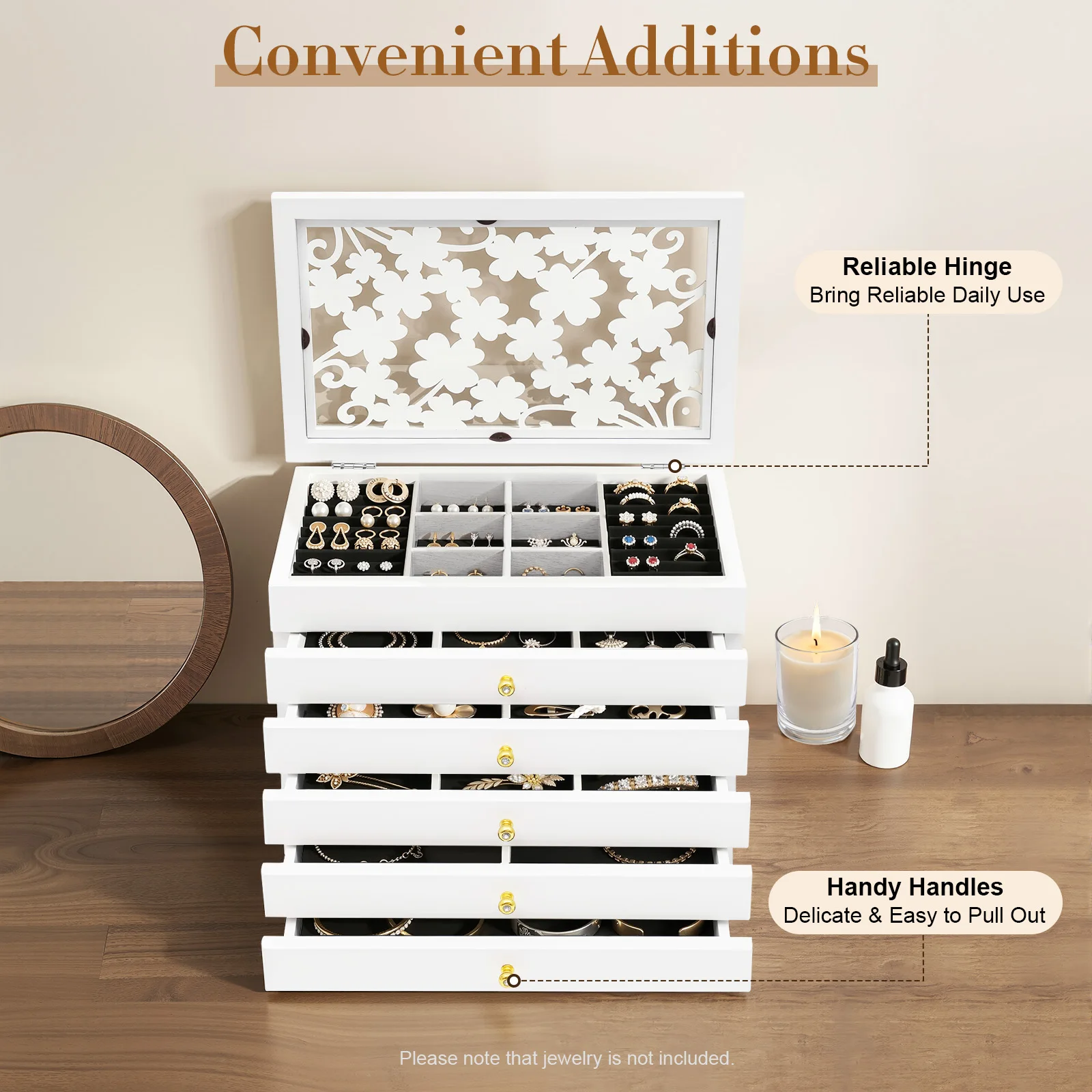 6 Layer Paulownia Wood Jewelry Box White Carved Wooden Jewellery Organizer Removable Drawers Velvet Lining Large Capacity Gift For Women