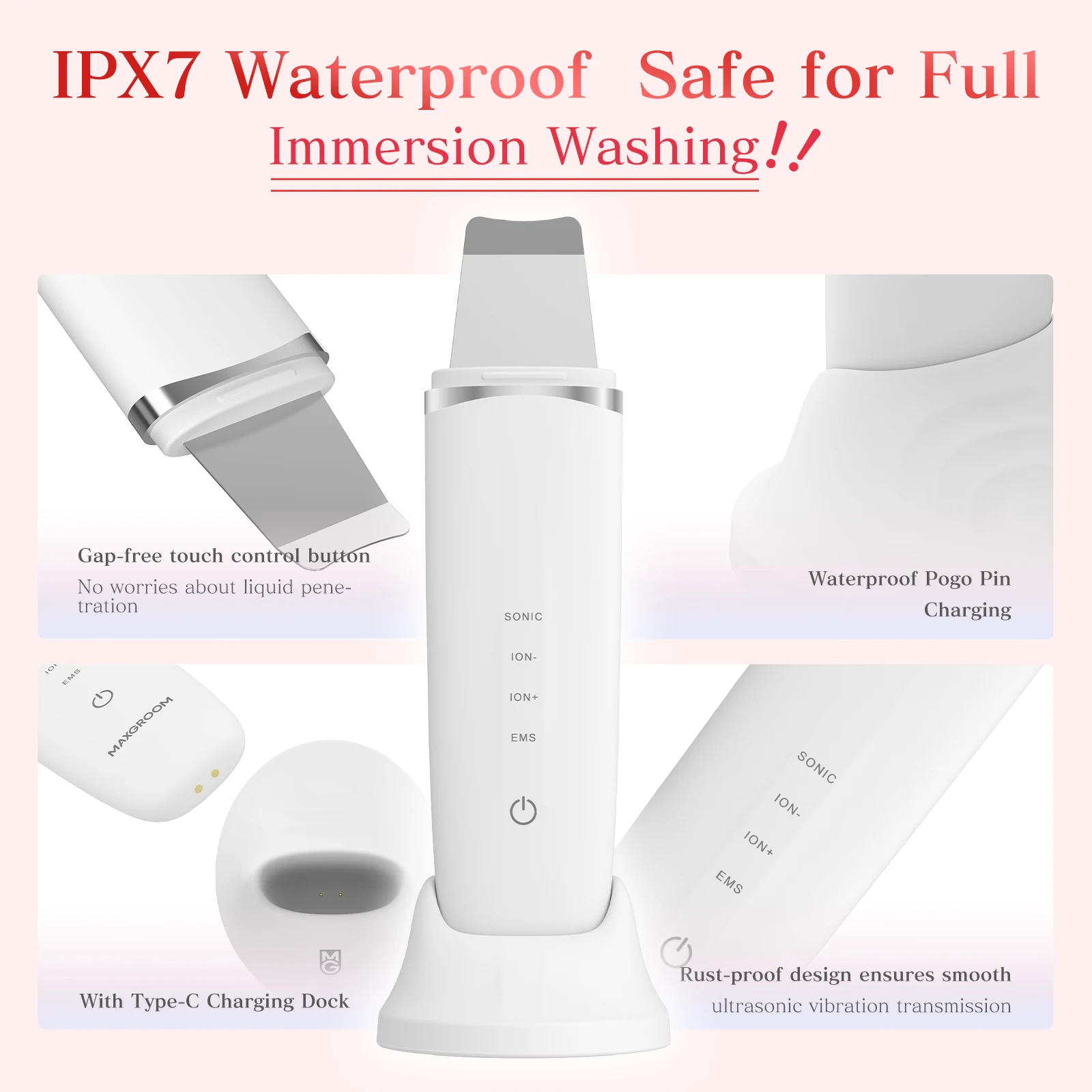 MAXGROOM Ultrasone Huid Scrubber Peeling Comedondrukker Diepe Gezichtsreiniging EMS Ion Ance Pore Cleaner Facial Schop Cleaner