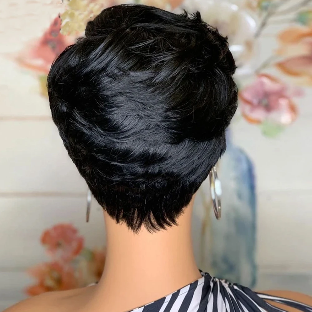 Peluca recta de cabello humano con corte Pixie, Bob corto, pelucas hechas a máquina con flequillo, peluca brasileña virgen para mujeres, 180% de