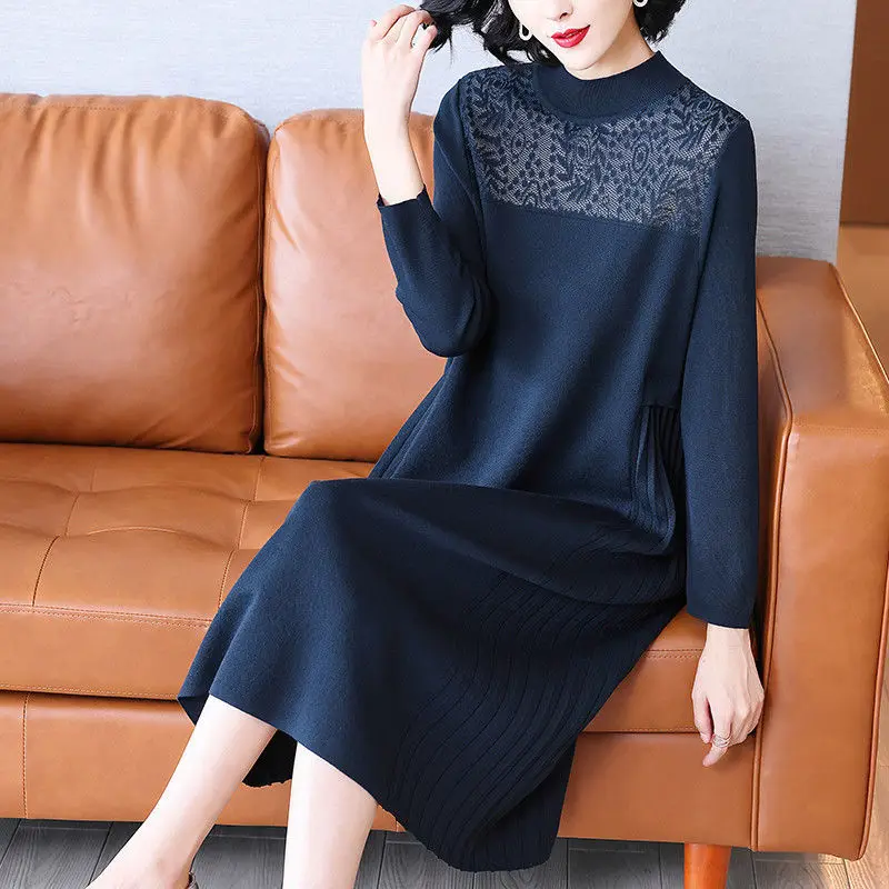 

Female Half High Collar Loose Maxi Dress Spring Korean Vintage Knitted Dress 2024 Elegant Casual Sweater Women Long Dress K318