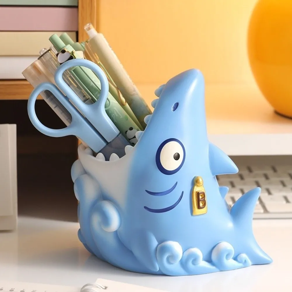 Makeup Brush Holder Cartoon Shark Pen Holder Novelty Creative Desk Organizer Cute Desktop Decoration Stationery Storage Box Gift