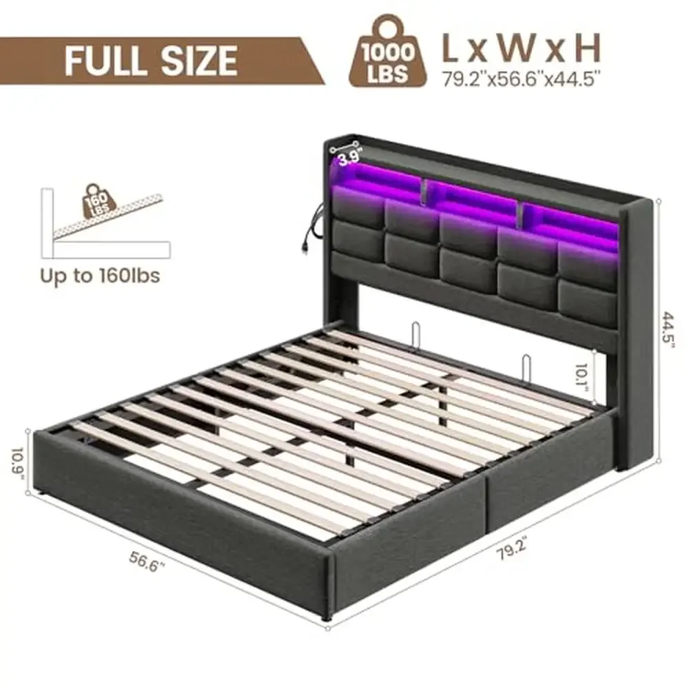 Full Size Bed Frame with Storage LED Lights Headboard and Charging Station Lift-Up Mechanism Modern Design Dark Grey 1000lb Max